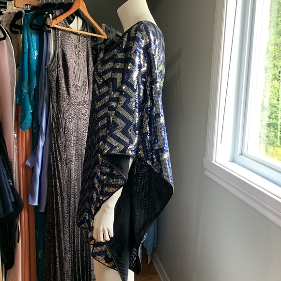 Stunning Jay Godfrey Dress Party Sequins Striped Blue Gray One Shoulder Batwing - Picture 6 of 8